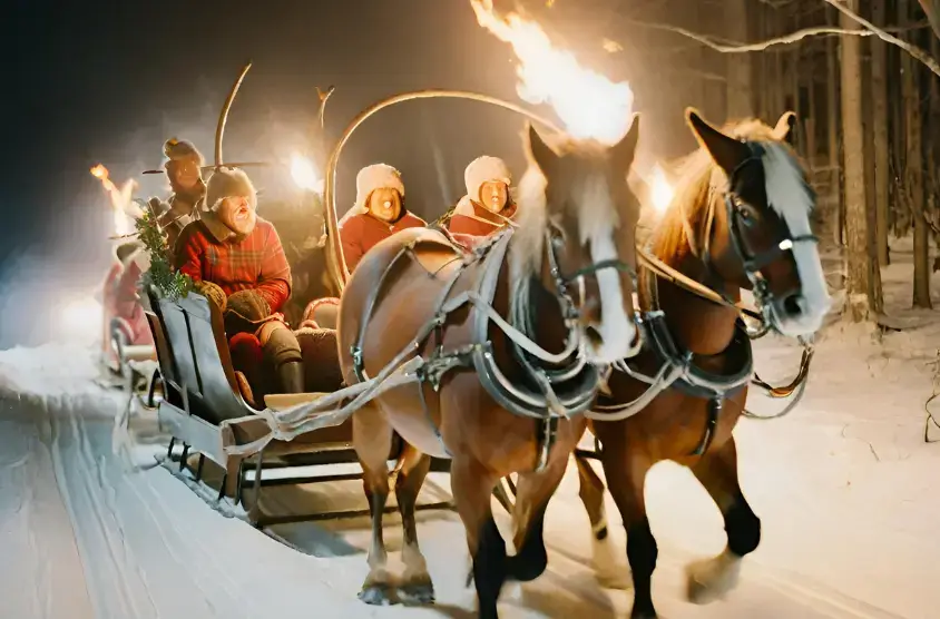 Wieczorny kulig z pochodniami na śniegu, świetna atrakcja na święta bożego narodzenia w górach.
