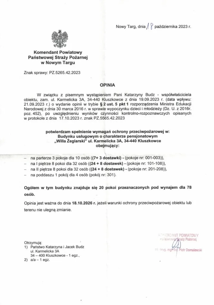 Opinia straży pożarnej, potwierdzająca, że Willa Żeglarski to bezpieczny ośrodek dla dzieci.